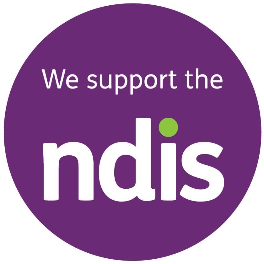Circular logo with text supporting the NDIS in purple background.